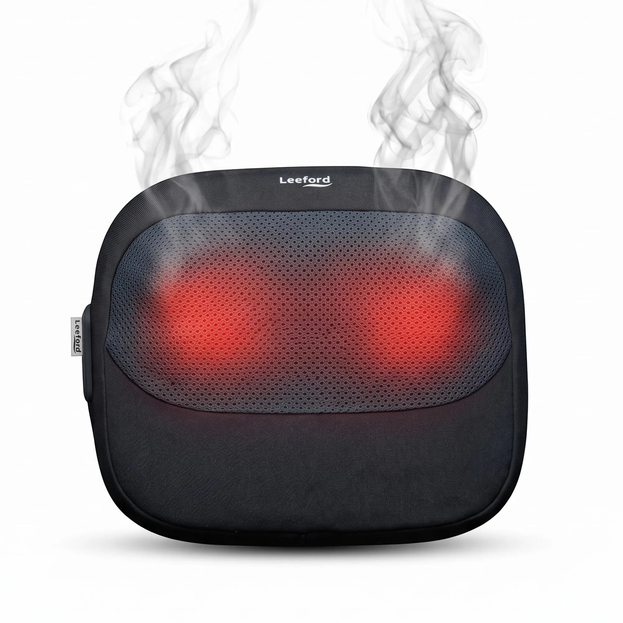 a black Leeford massage pillow with two glowing red heat zones