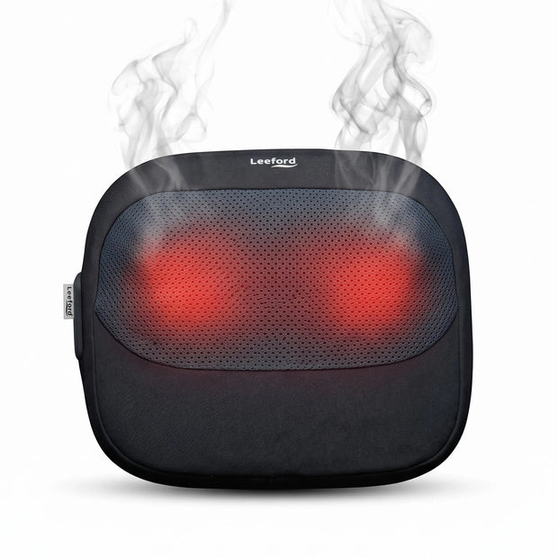 a black Leeford massage pillow with two glowing red heat zones
