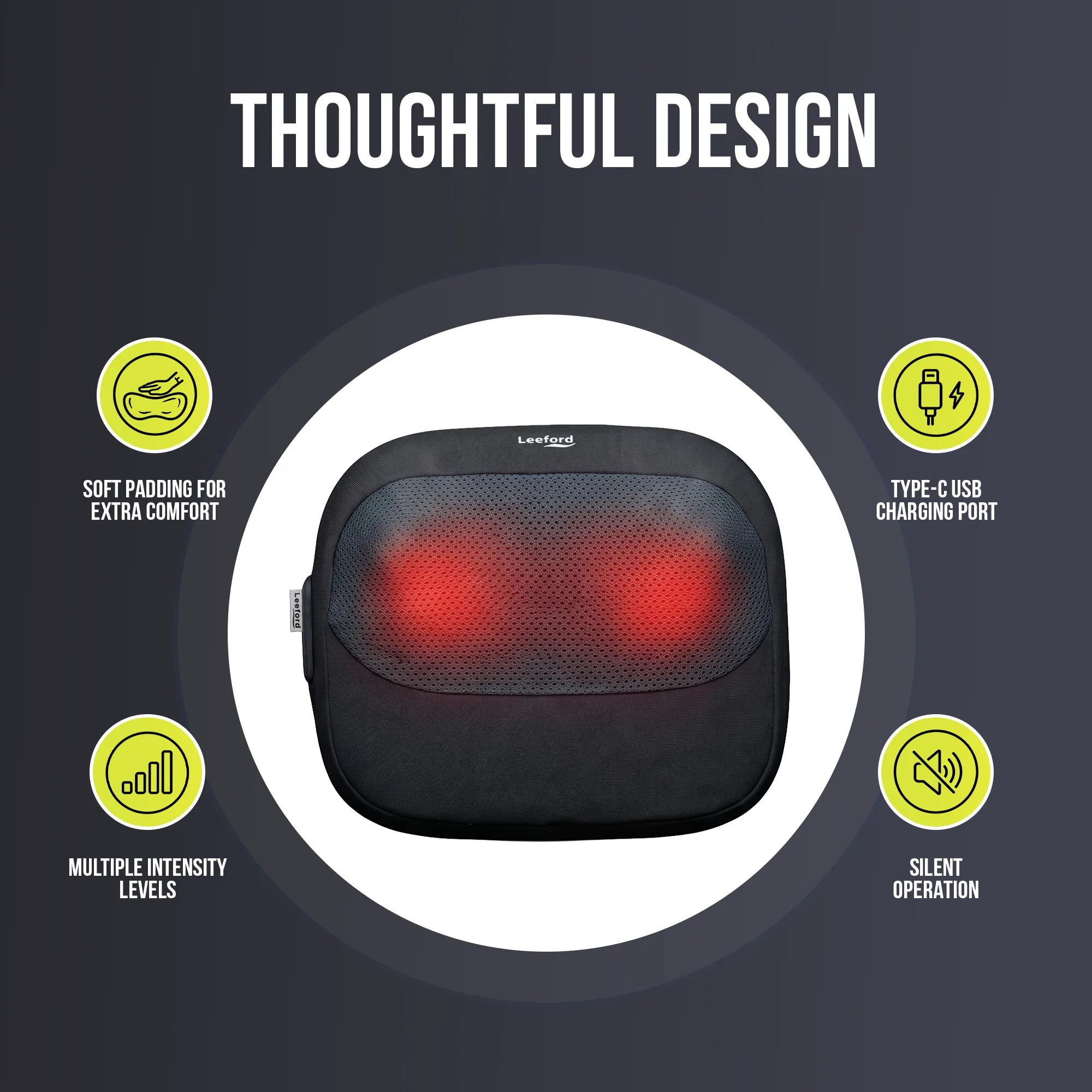 A black rectangular massage pillow with soft padding, multiple intensity levels