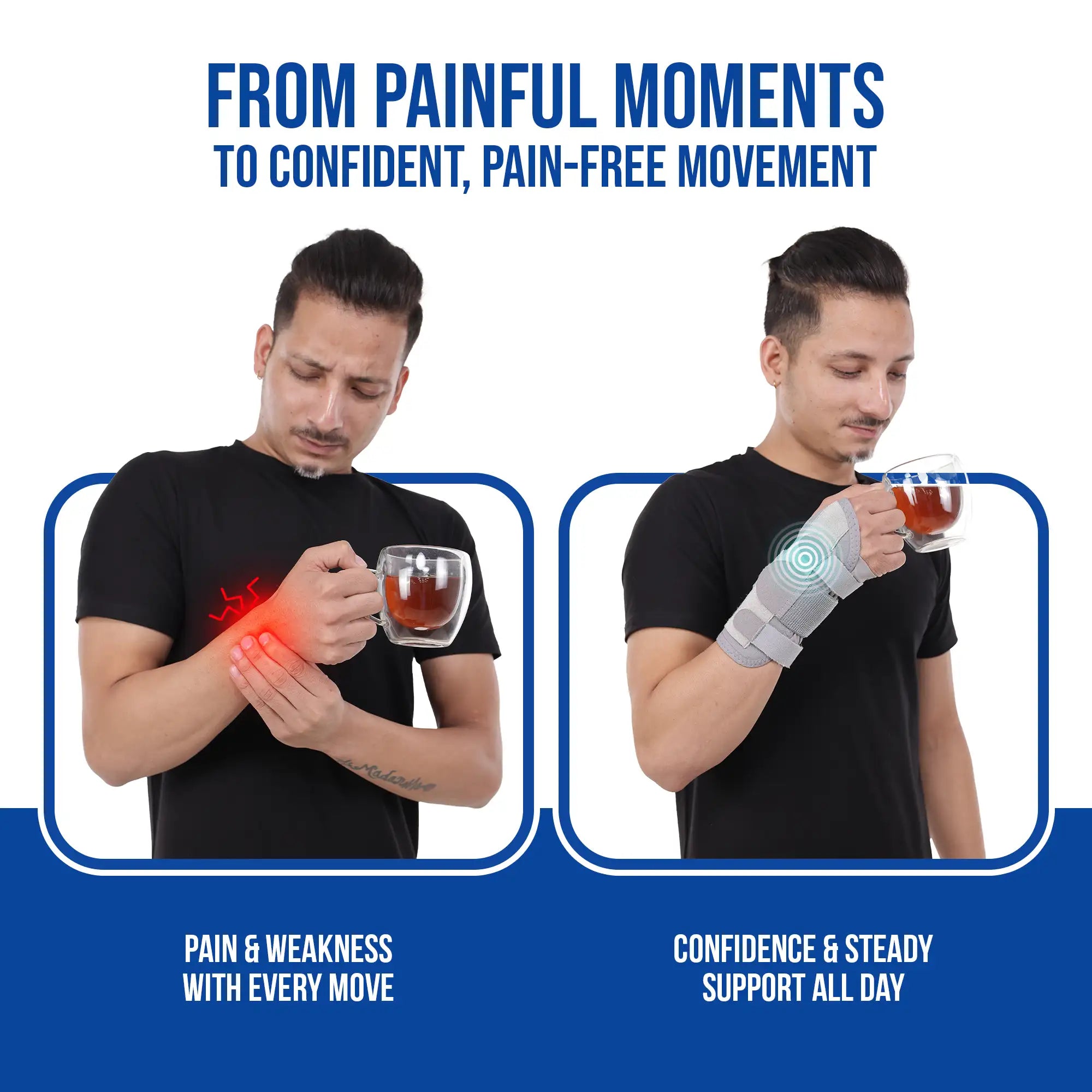 Before and after comparison of a person using a Leeford wrist splints for pain relief