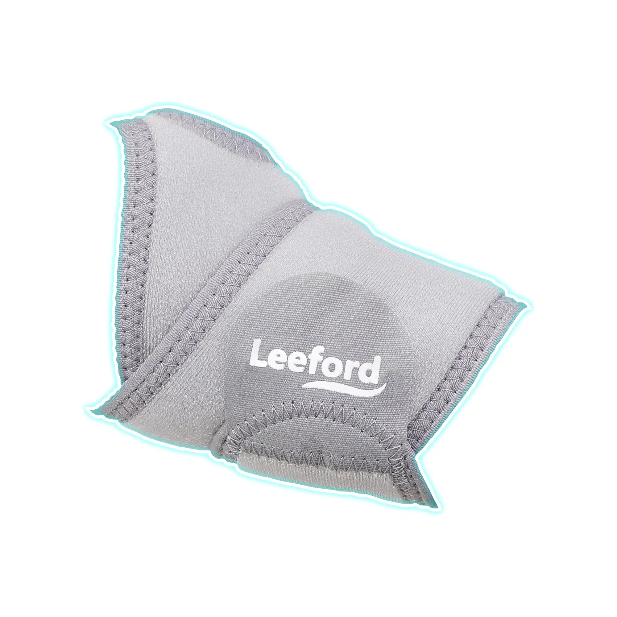 Gray knee brace with 'Leeford' branding on a white background