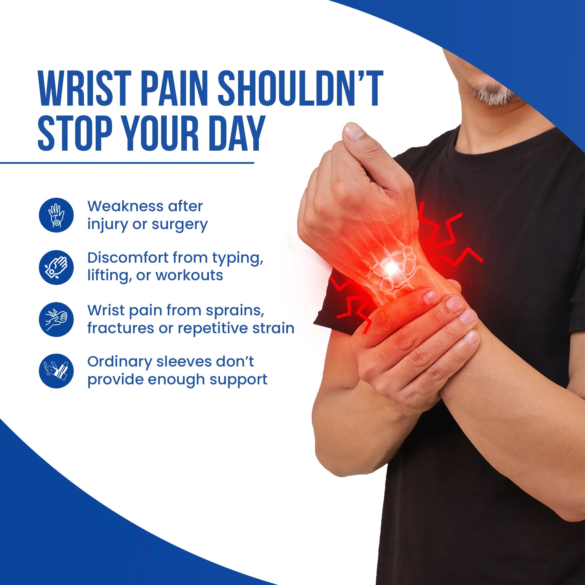 wrist pain due to weakness after injury or surgery n fractures or strain
