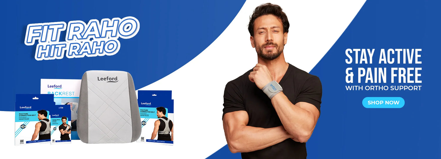advertisement for a back support products with tiger shroff wearing an orthopedic brace featuring text promoting fitness and pain relief