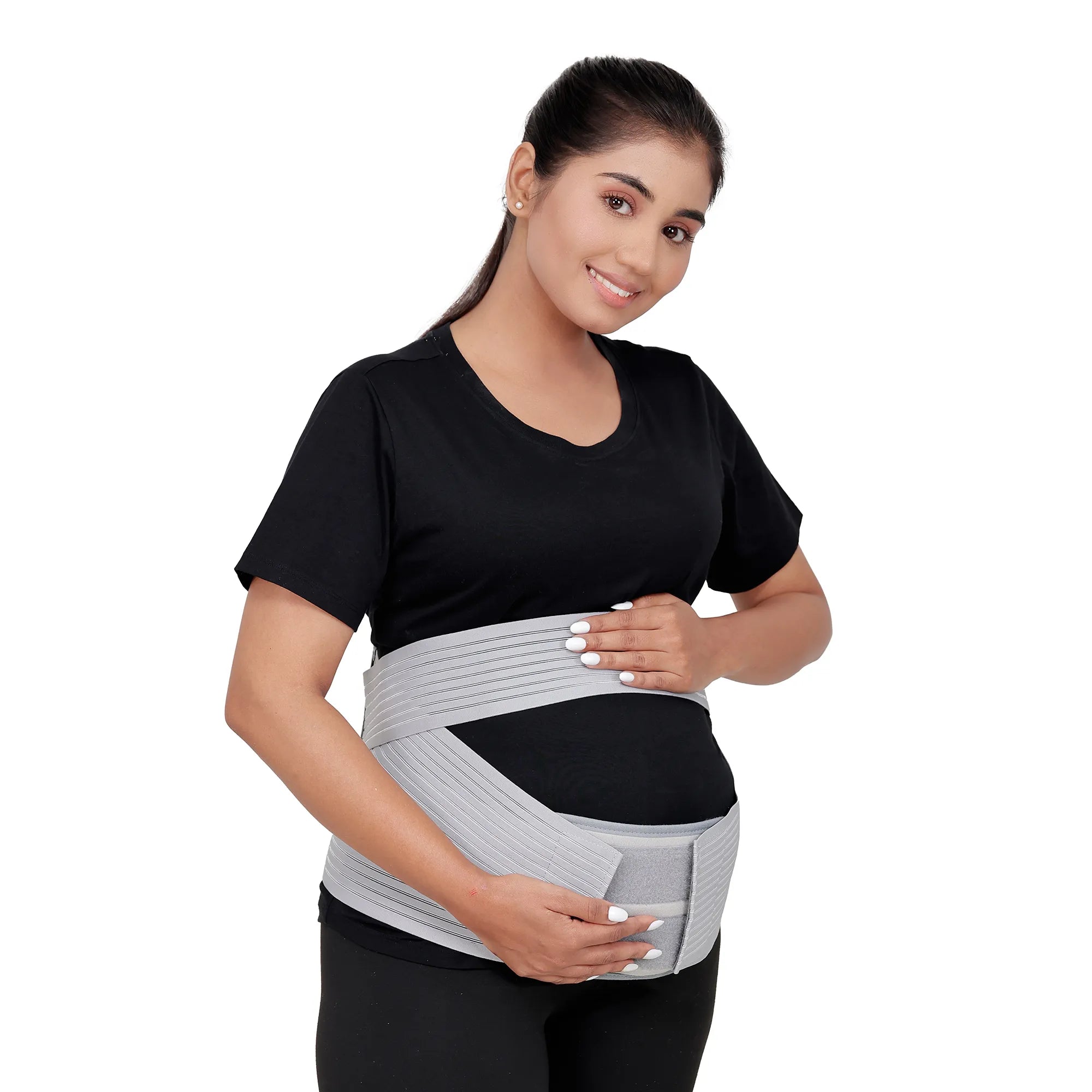 Woman wearing a gray pregnancy support belt