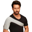 Man wearing a black shirt with a gray shoulder support belt