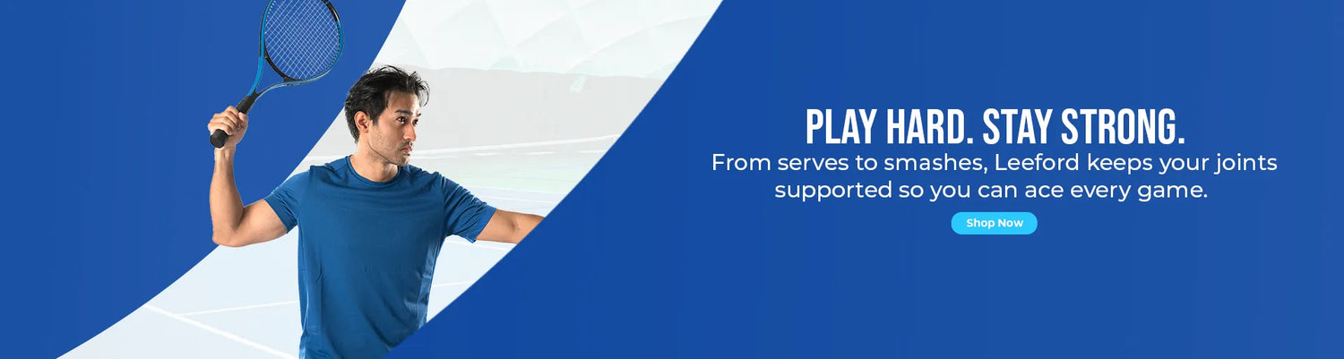 man holding a tennis racket with promotional text and shop now button
