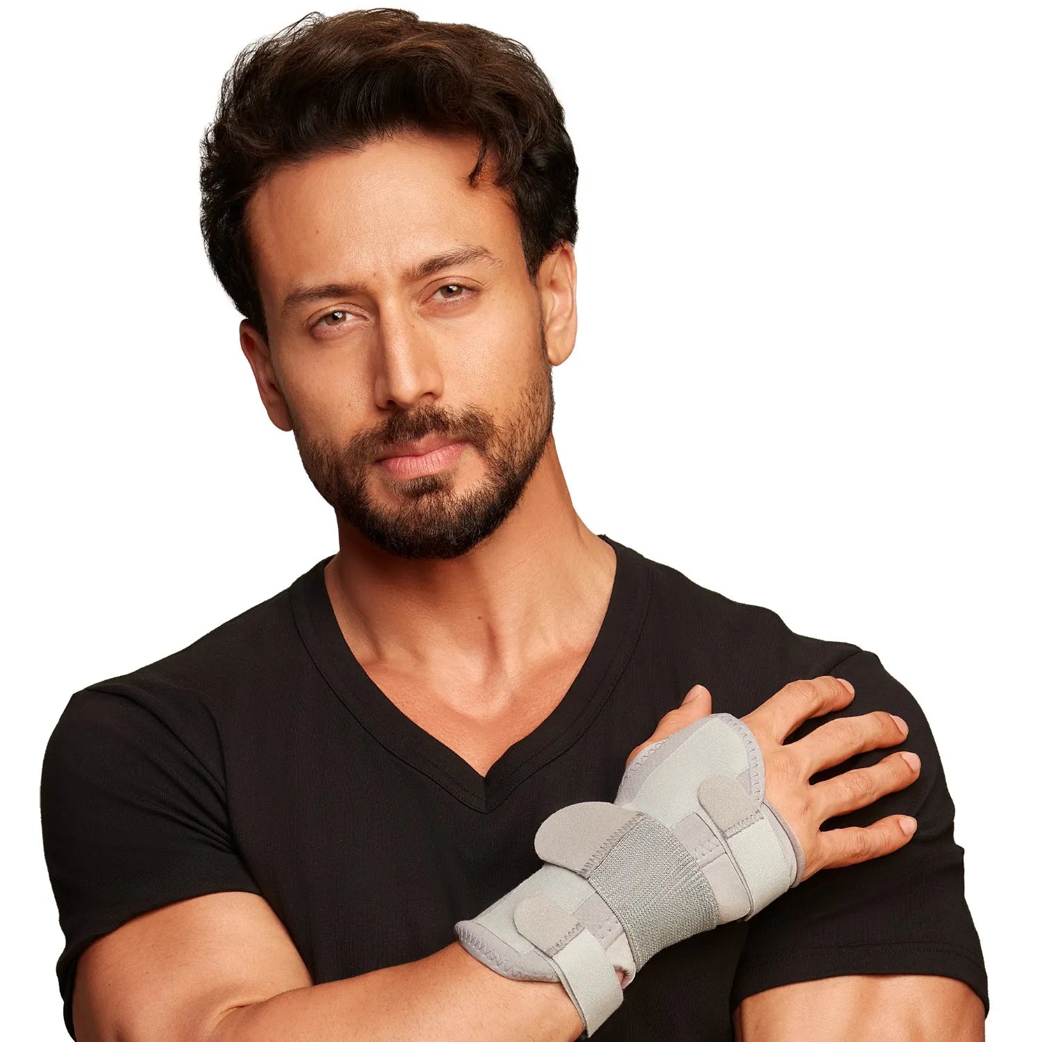 Man wearing a gray wrist splint by leeford