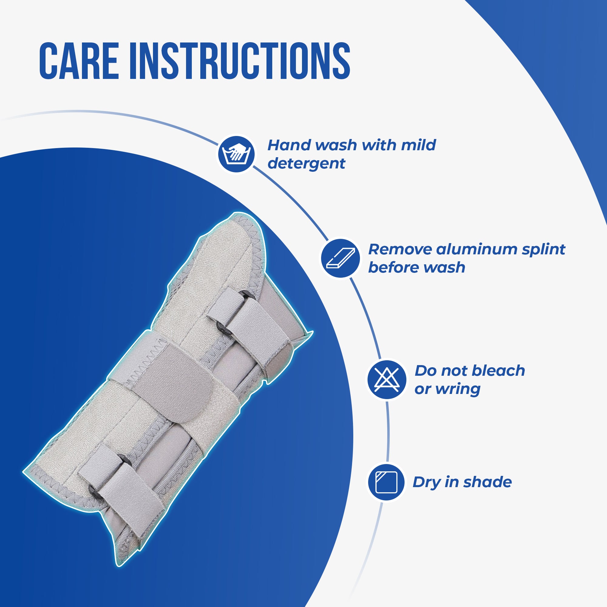 wrist and forearm splint wash care insructions hand wash with mild detergent dry in shade
