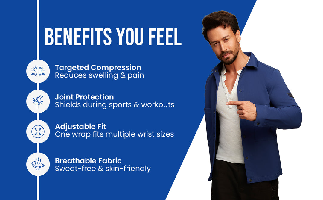 wrist wrap with adjustable fit joint protection targeted compression breathable fabric