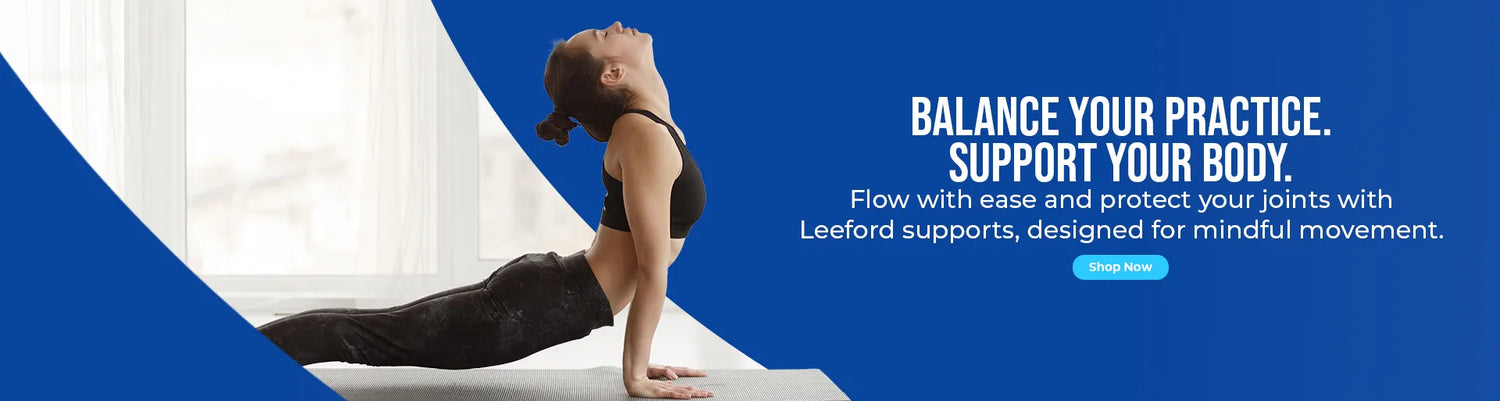 person practicing yoga with promotional text for leeford products on a blue background
