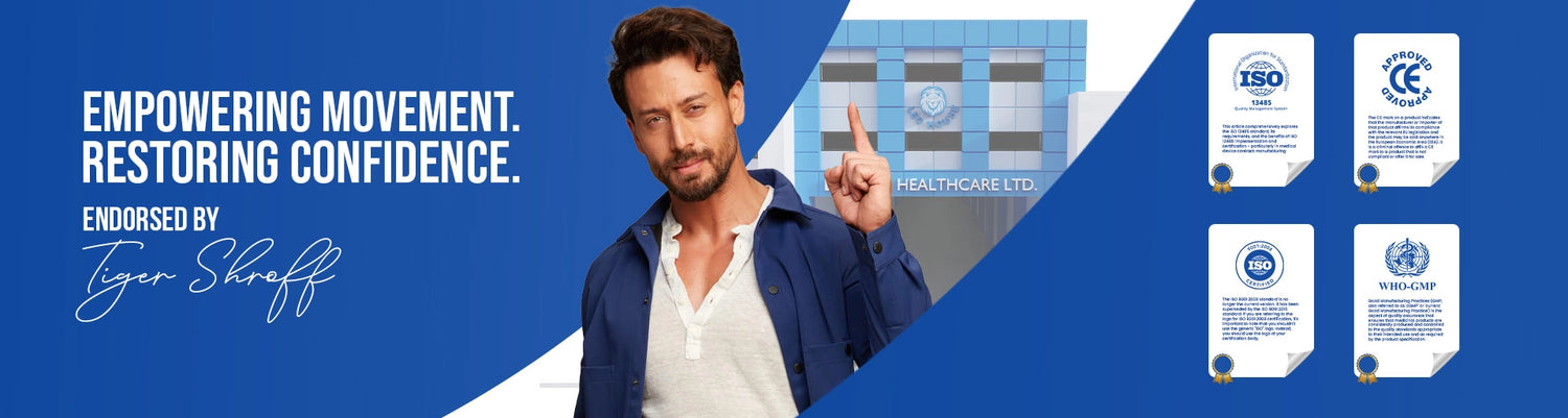 tiger shroff pointing at a product with certification logos on a blue background