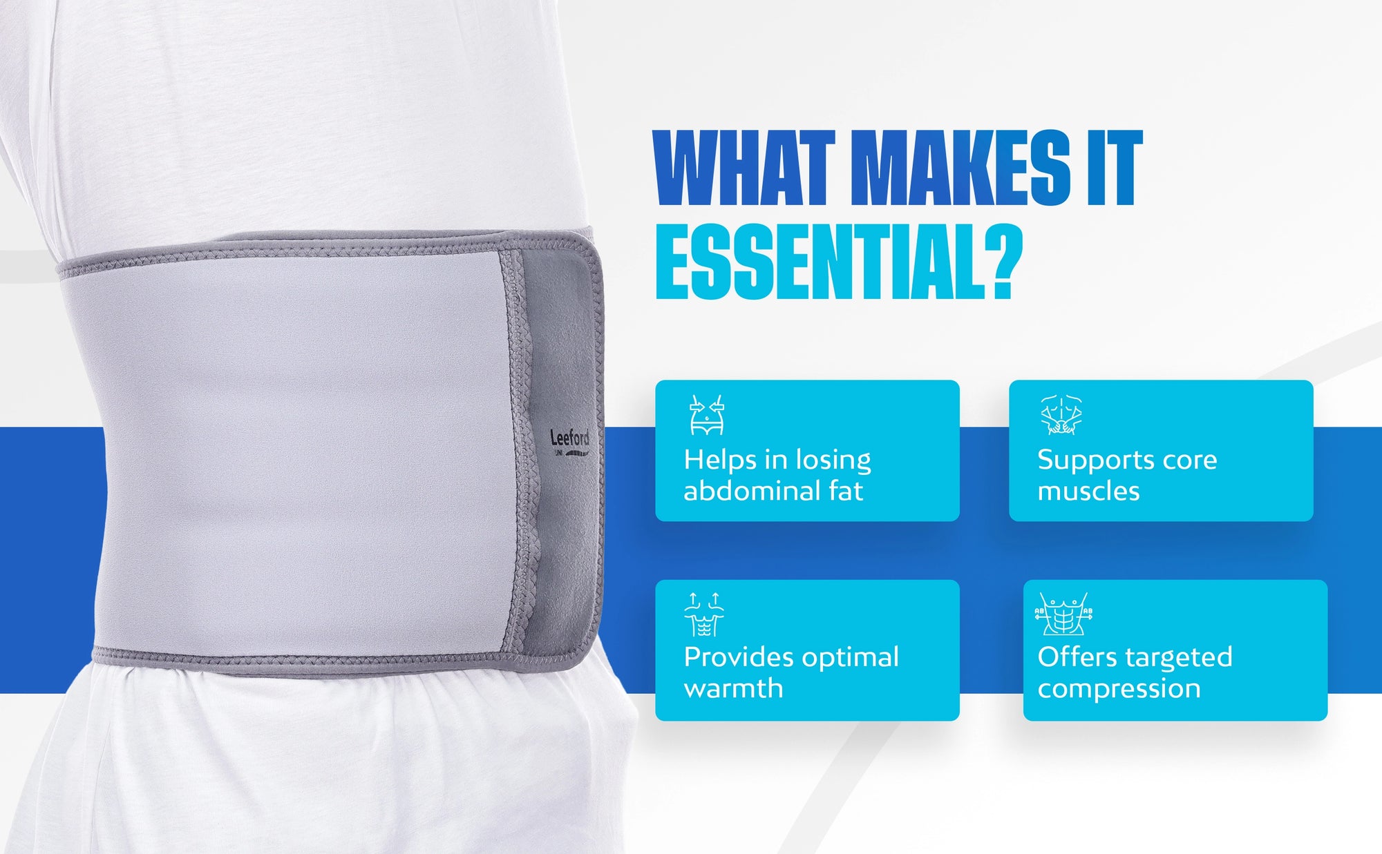 Helps reduce abdominal fat, provides warmth, supports core muscles, and offers targeted compression.