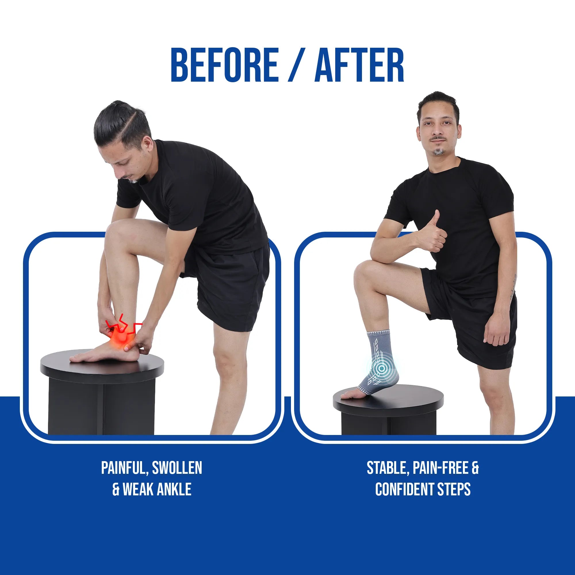 gray ankle suport before and after use effects