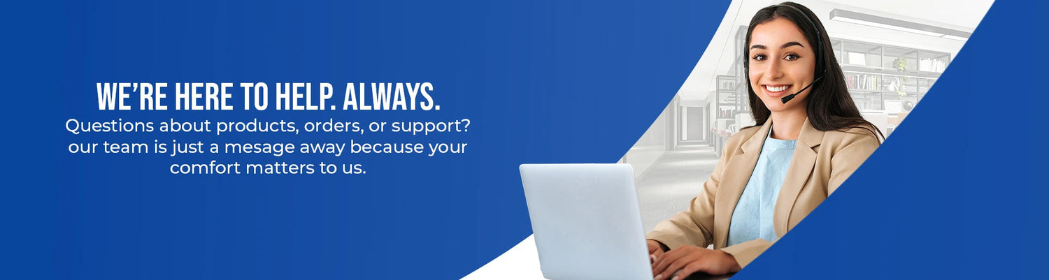 customer service representative with text on a blue background