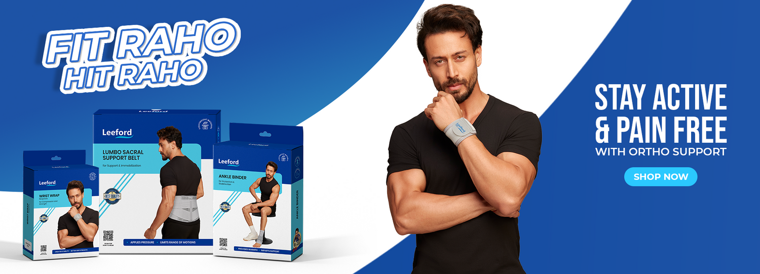 Advertisement for orthopedic support products with tiger shroff