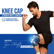Man flexing his arm with a knee cap on promoting support compression and recovery