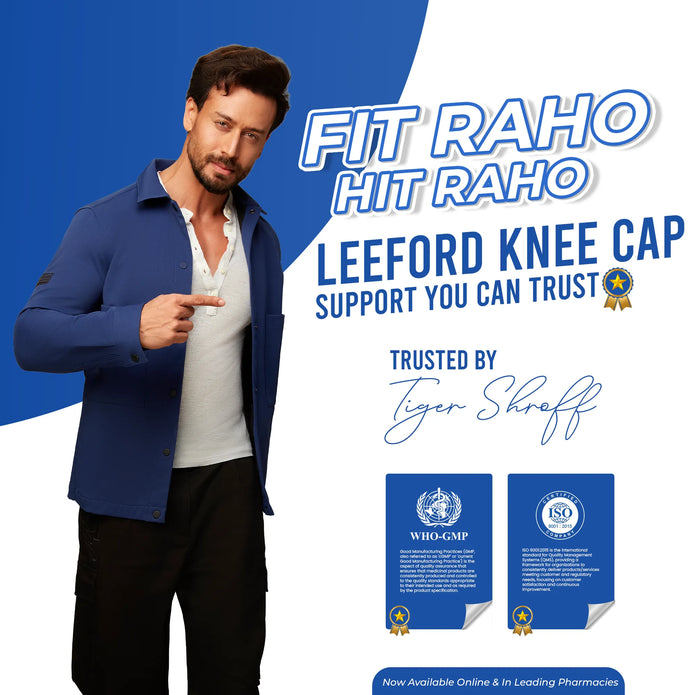 Leeford knee cap for men advertisement featuring Tiger Shroff