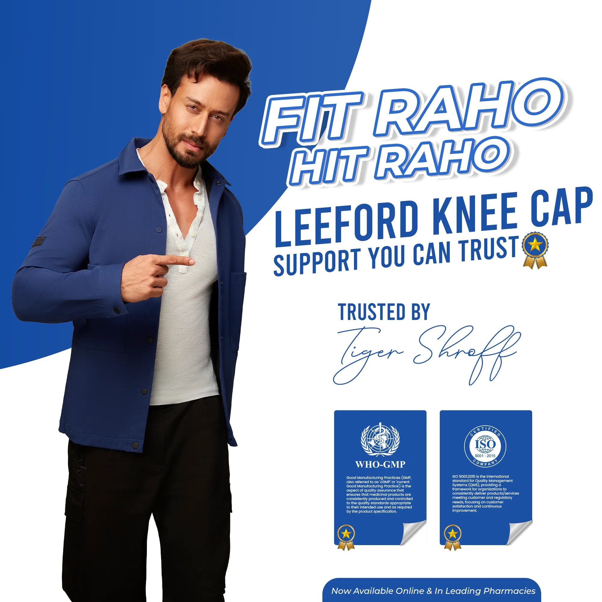 Leeford knee cap for men advertisement featuring Tiger Shroff