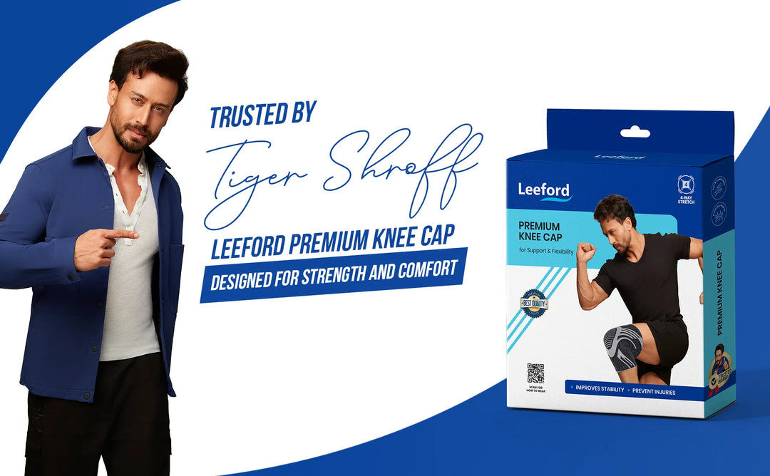 Man pointing to a Leeford premium knee cap packaging with branding