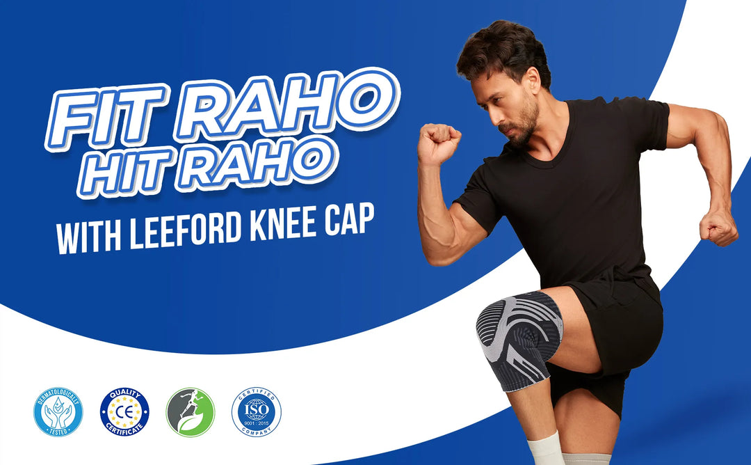Man wearing a knee cap with promotional text for Leeford Knee Cap