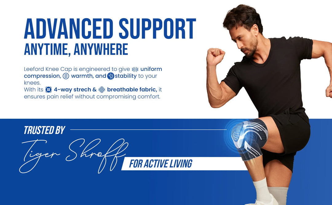 Advertisement for Leeford Knee Cap with a man flexing his arm