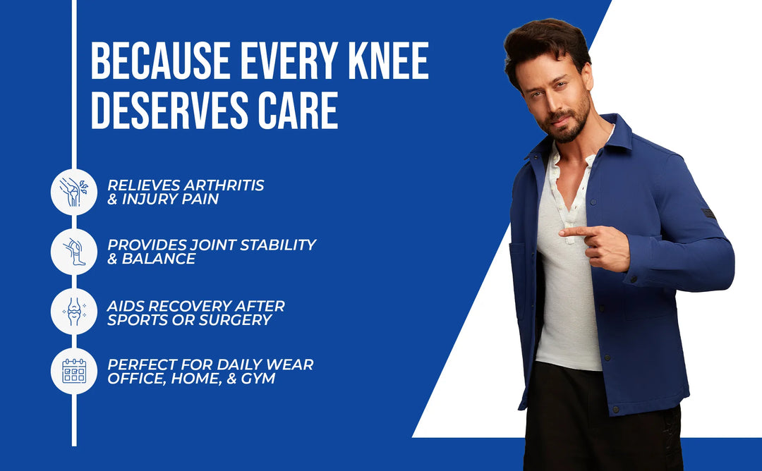 Man pointing to text about knee care products