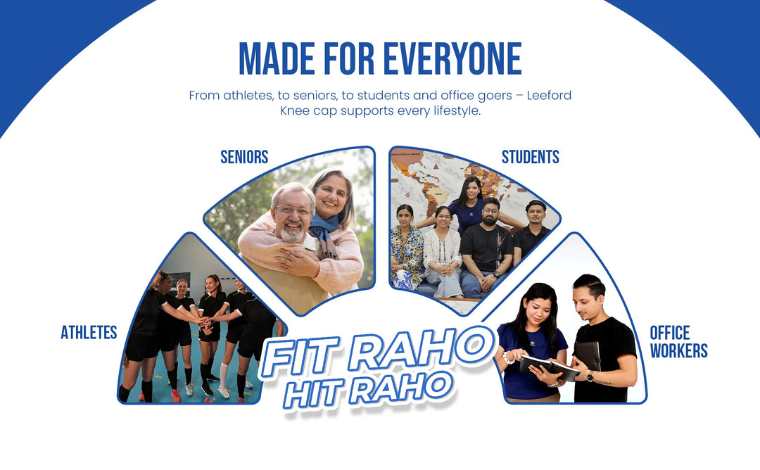 Promotional graphic for a knee cap product targeting athletes seniors students