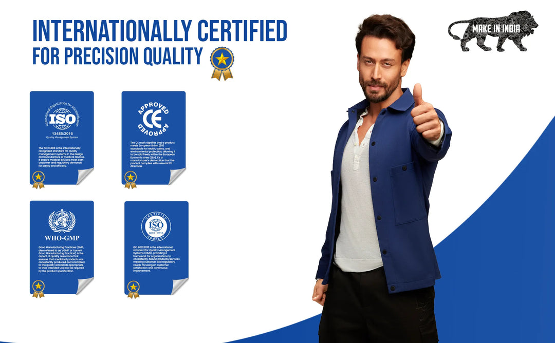 Man giving a thumbs up with internationally certified logos of knee cap