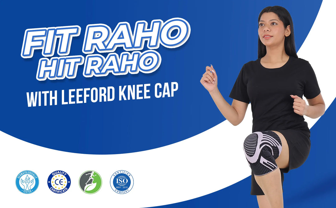 Woman wearing a knee cap with 'Fit Raho Hit Raho' text 