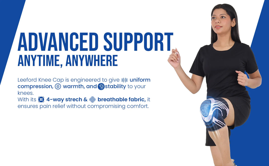 woman wearing a knee brace with promotional text about advanced support