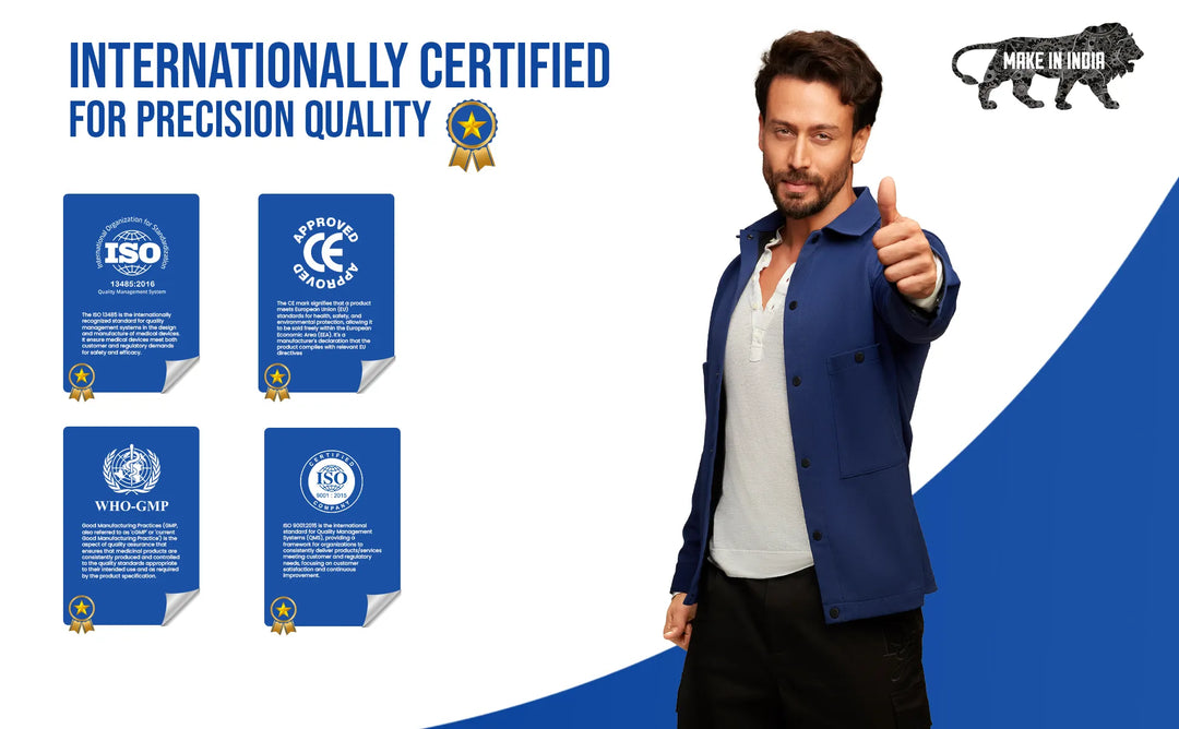 man giving a thumbs up with internationally certified logos