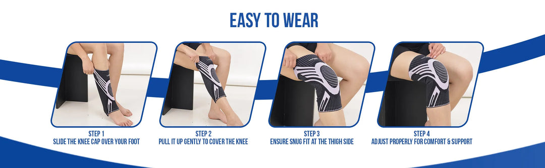 Instructions on how to wear a knee cap for women with labeled steps