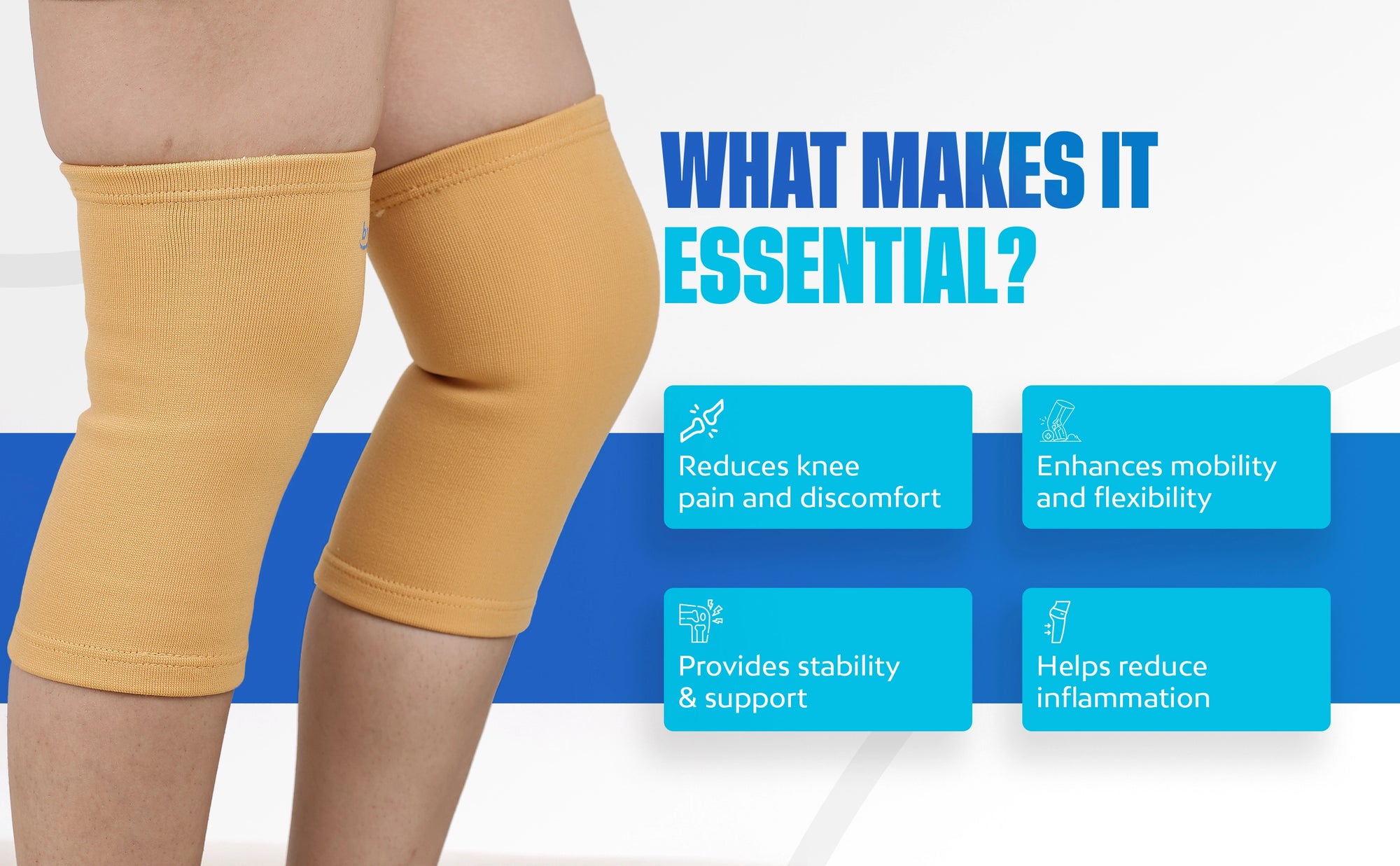 Reduces knee pain, provides stability, enhances mobility, and helps reduce inflammation
