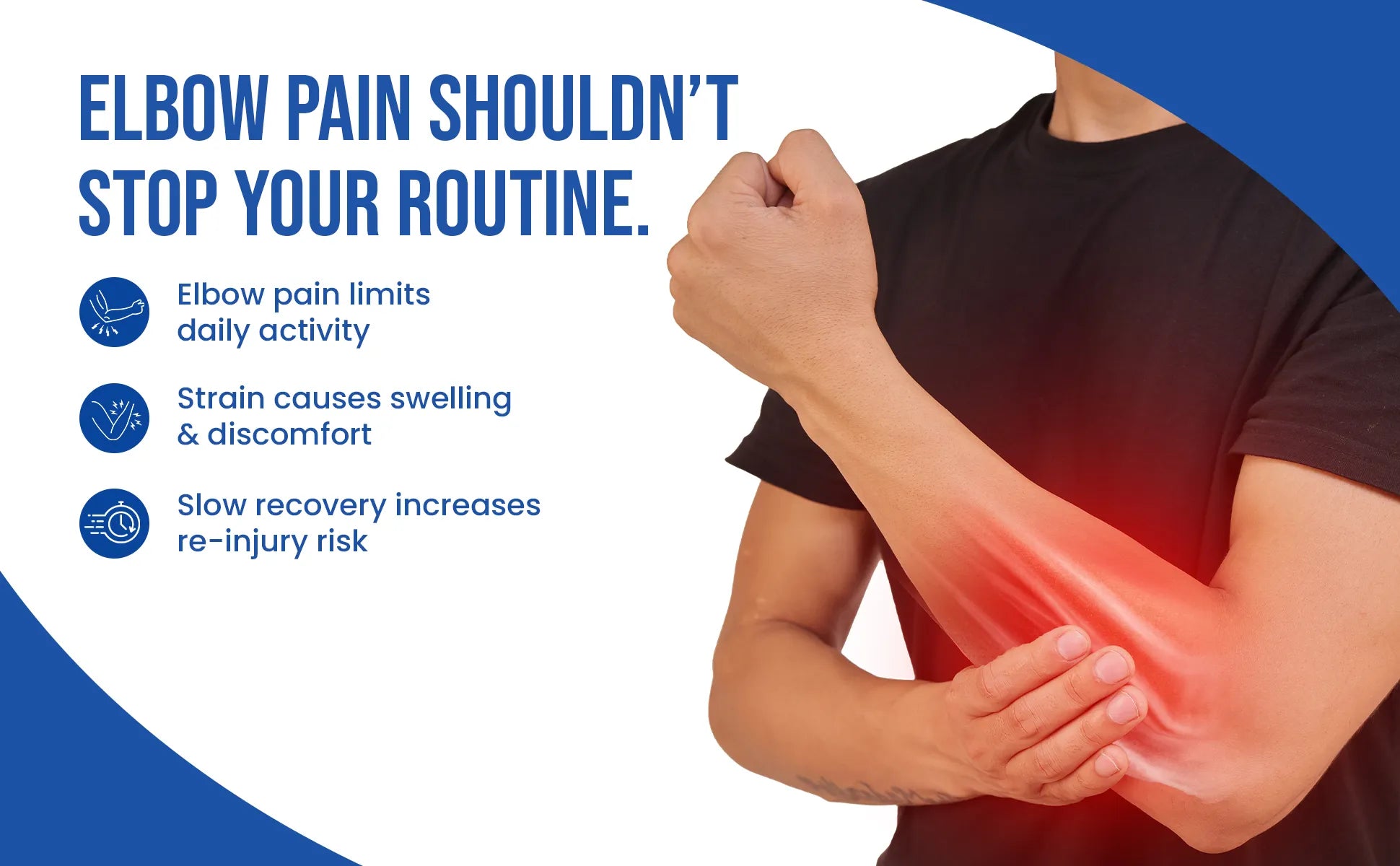 person holding their elbow with text about elbow pain and its effects