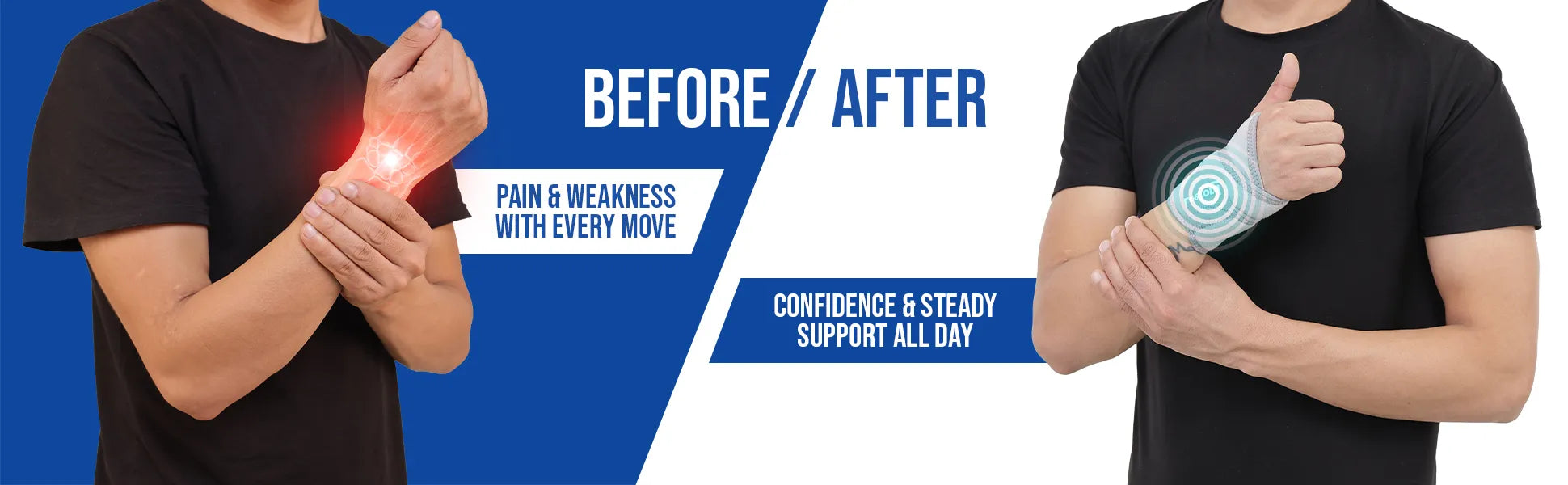 Before and after comparison of a person using an wrist brace