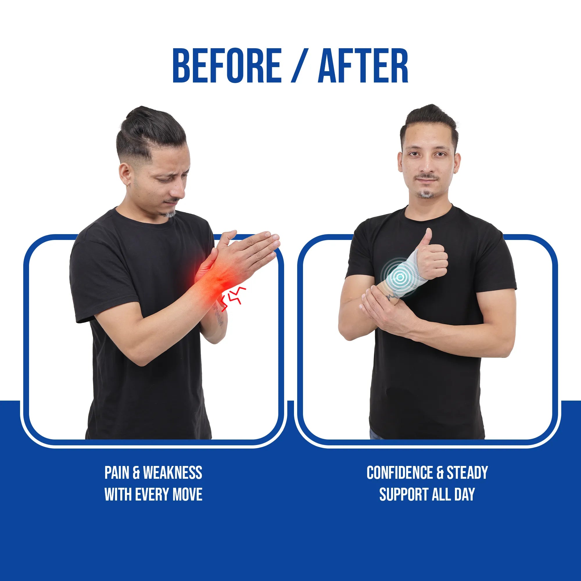 Before and after comparison of a person using a wrist support brace