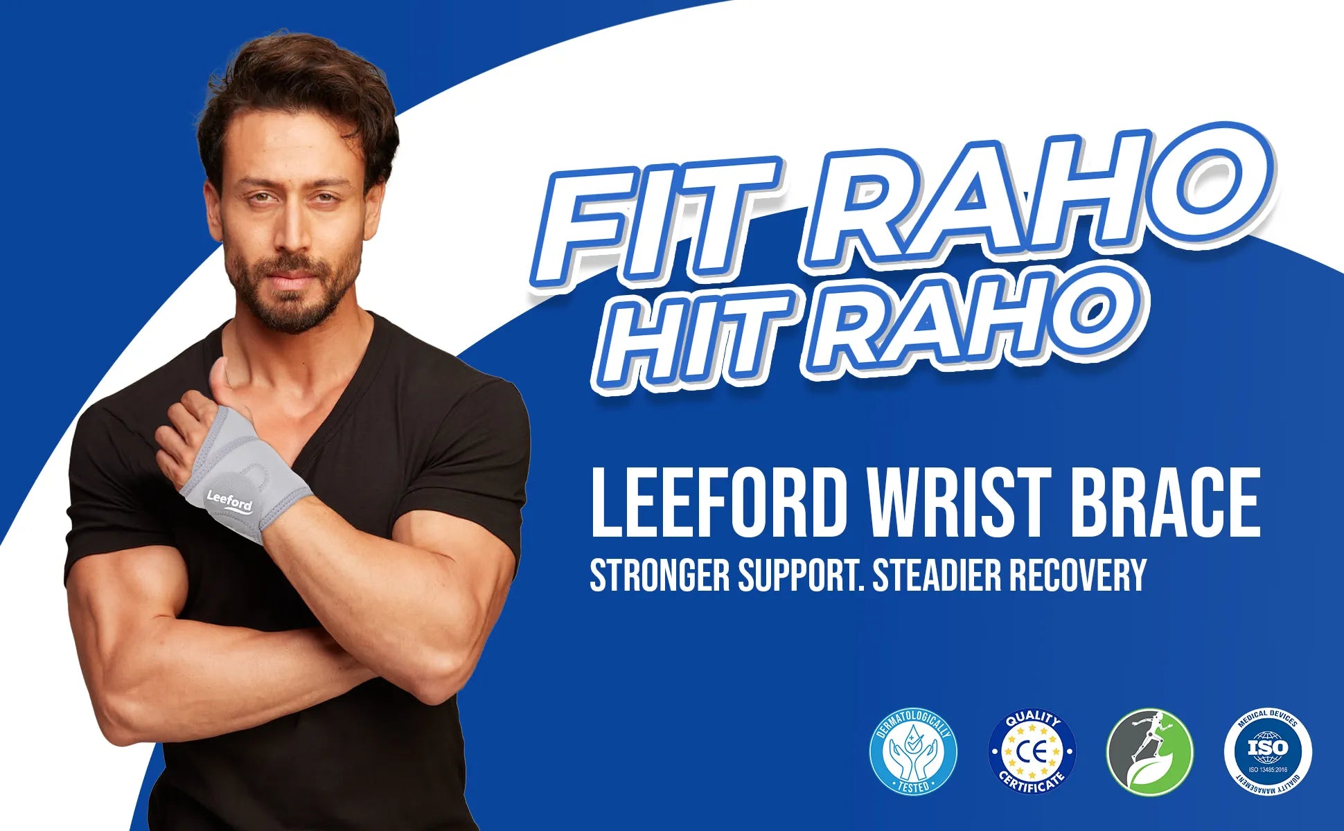 Tiger shroff wearing a Leeford wrist brace with promotional text